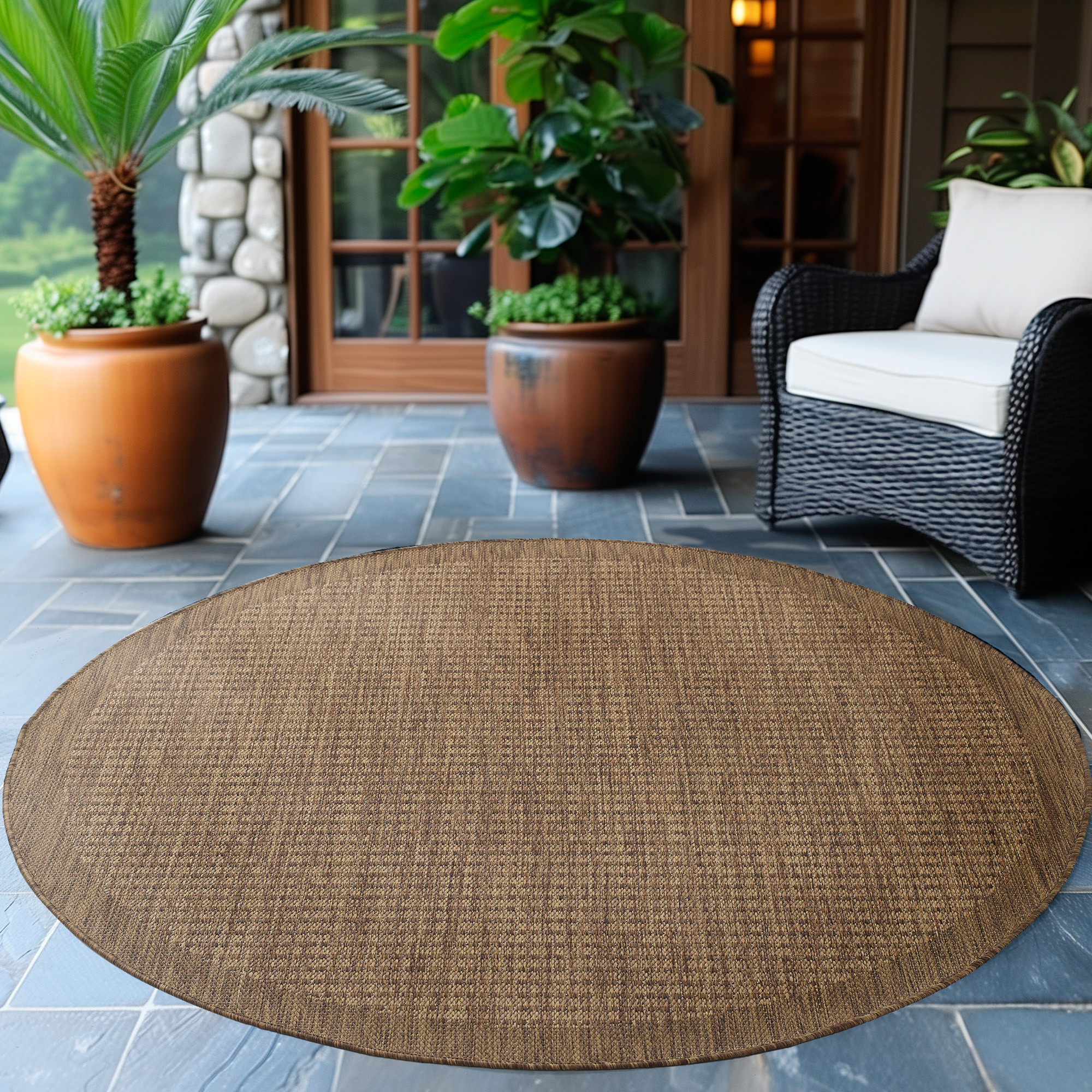Solid Tuin - Rond Buitenkleed - Indoor & Outdoor - Laagpolig Effen - Bruin Beige