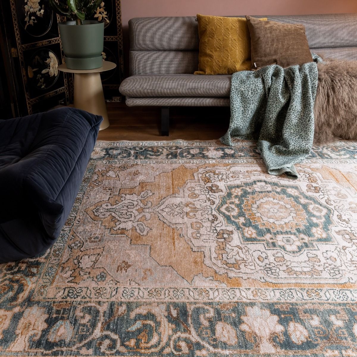 Vintage Vloerkleed Nostalgia Laagpolig Groen/Oranje - 160x230 CM