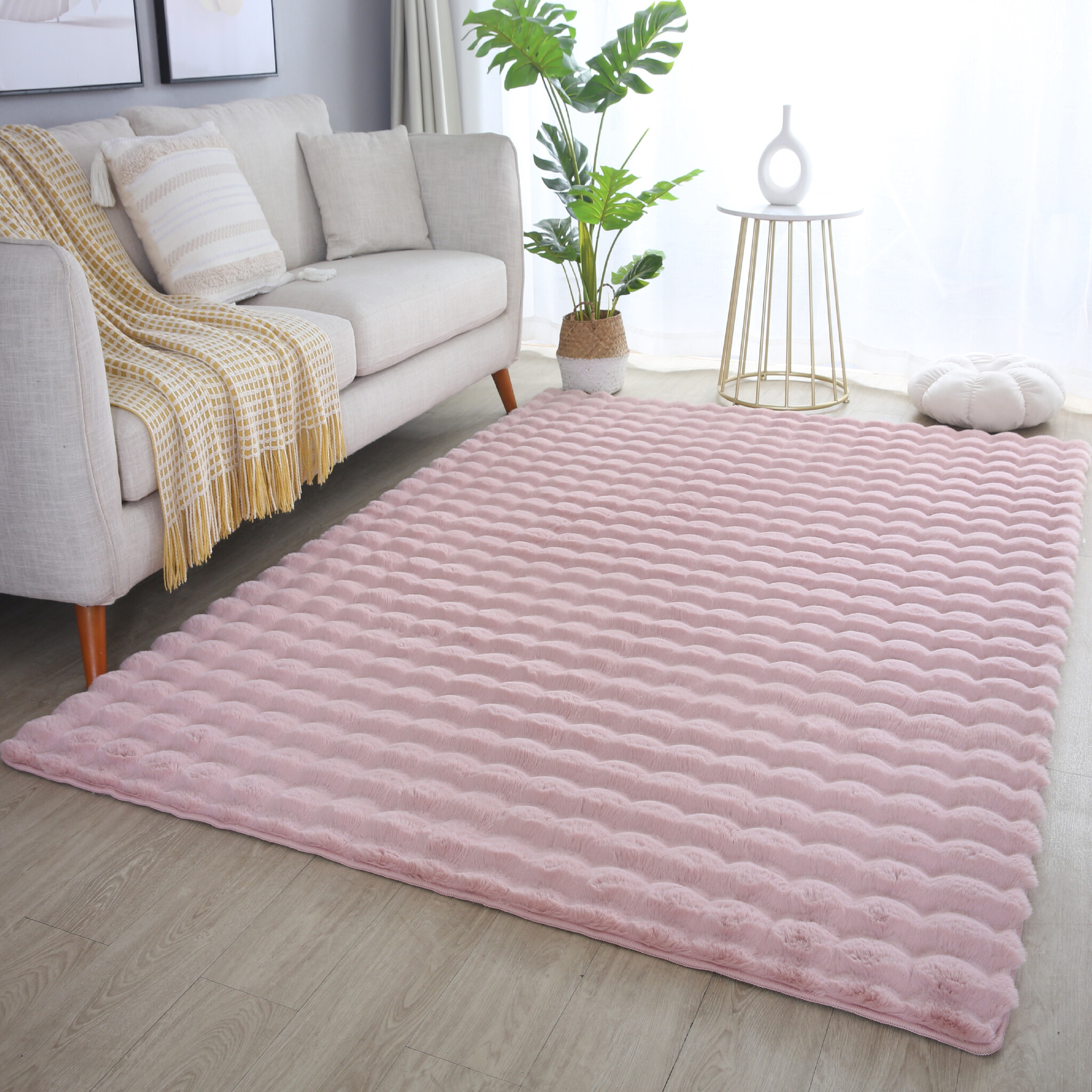 Ambiance Fluffy - Hoogpolig Vloerkleed - Uni Effen Kleur - Roze - Woonkamer Tapijt - Met Katoenen Rug