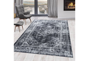 Fiesta Wasbaar Vloerkleed - Laagpolig - Oosters Design - Zwart Grijs - Woonkamer Tapijt - Canvas Rug