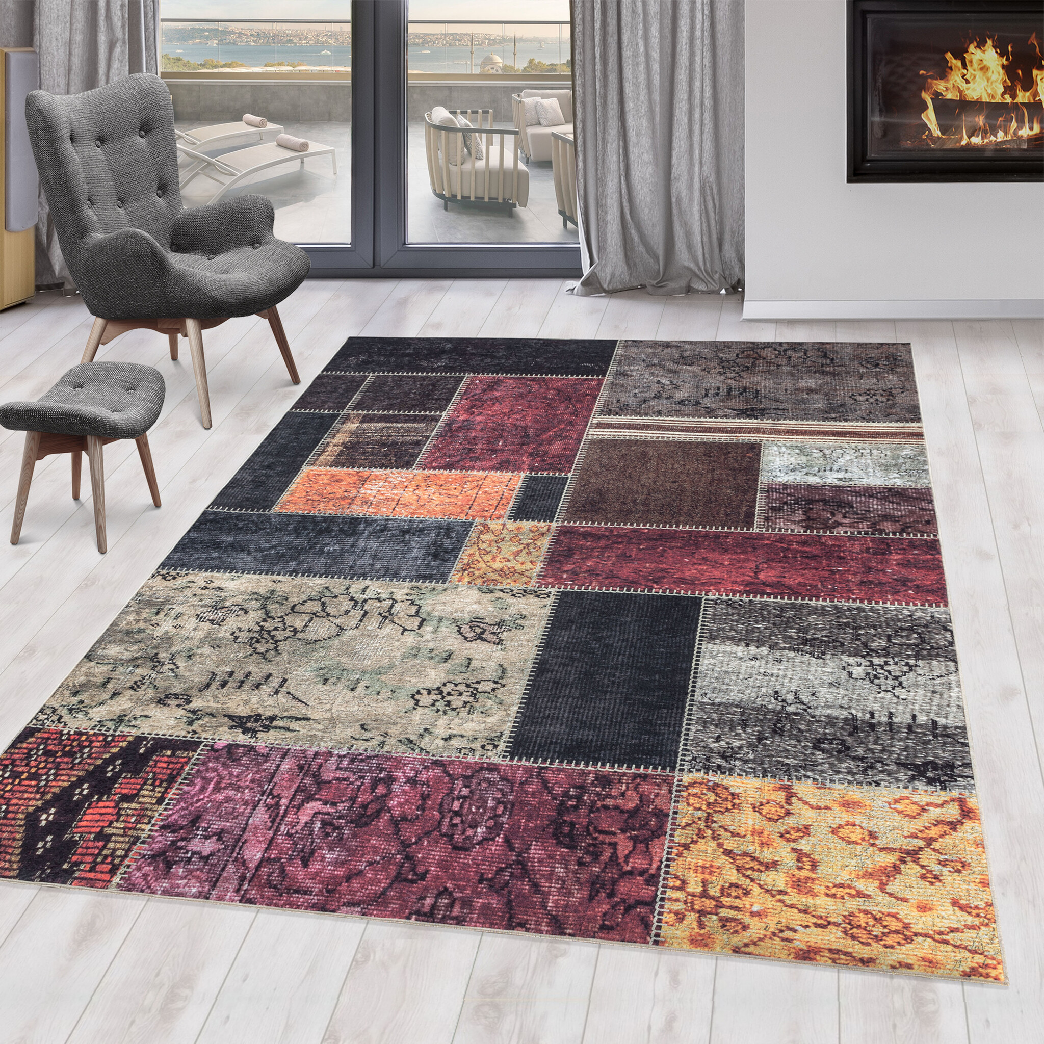 Fiesta Wasbaar Vloerkleed - Laagpolig - Patchwork Design - Multi - Woonkamer Tapijt - Canvas Rug
