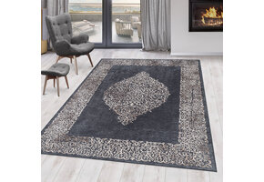 Fiesta Wasbaar Vloerkleed - Laagpolig - Barok Design - Zwart Grijs - Woonkamer Tapijt - Canvas Rug