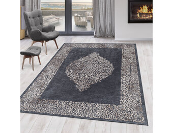 Fiesta Wasbaar Vloerkleed - Laagpolig - Barok Design - Zwart Grijs - Woonkamer Tapijt - Canvas Rug