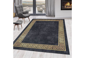 Fiesta Wasbaar Vloerkleed - Laagpolig - Gold Design - Zwart - Woonkamer Tapijt - Canvas Rug