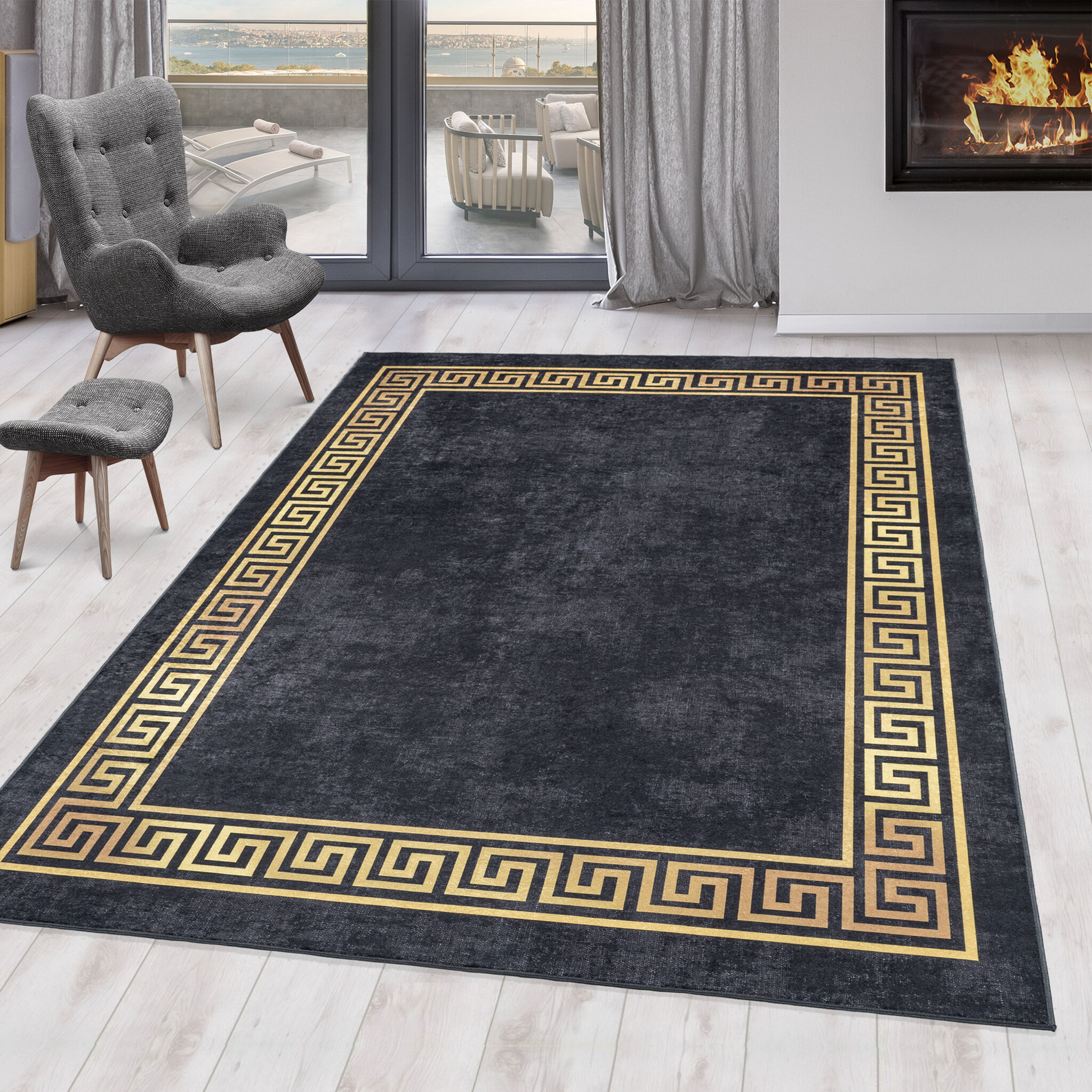 Fiesta Wasbaar Vloerkleed - Laagpolig - Gold Design - Zwart - Woonkamer Tapijt - Canvas Rug