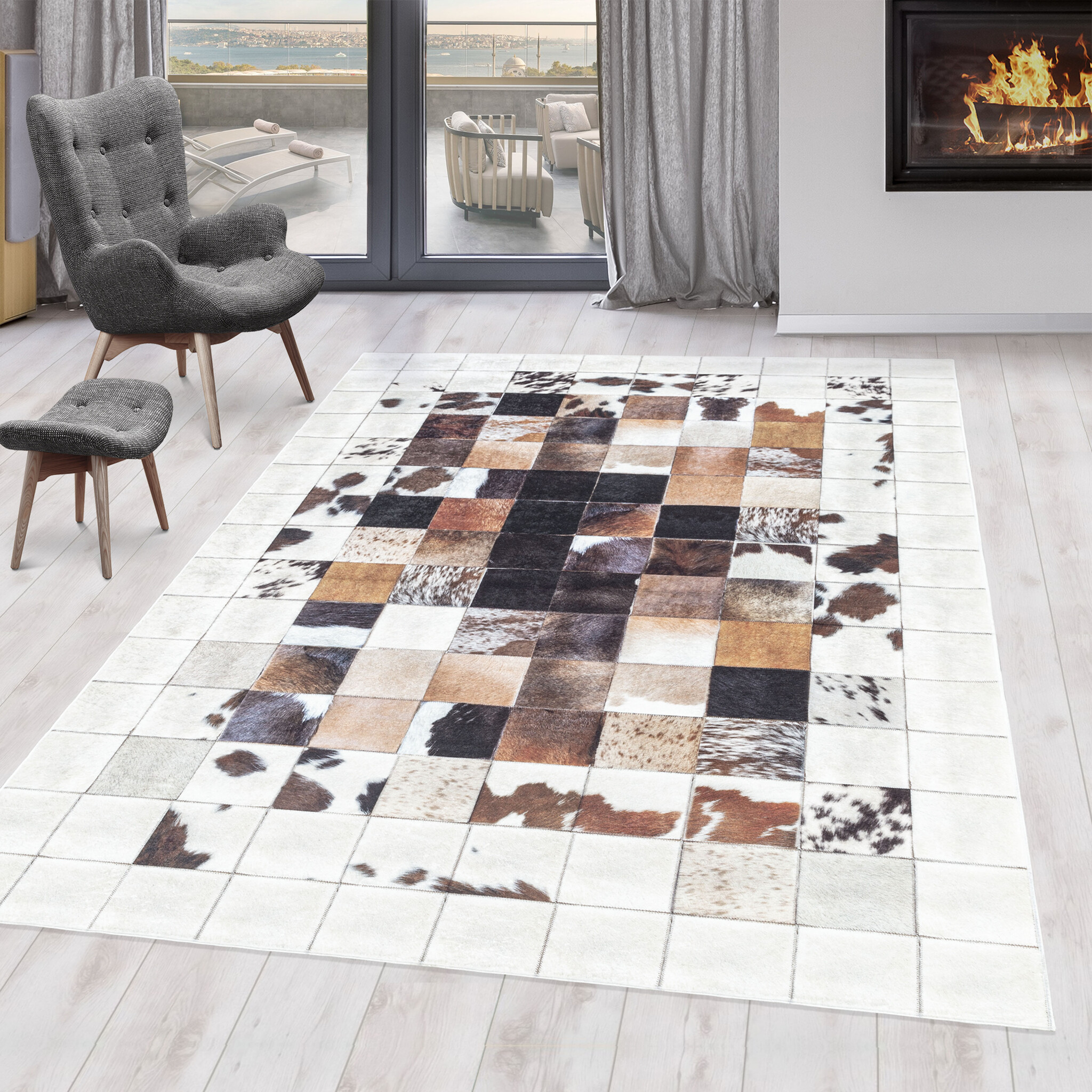 Fiesta Wasbaar Vloerkleed - Laagpolig - Patchwork Design - Wit - Woonkamer Tapijt - Canvas Rug
