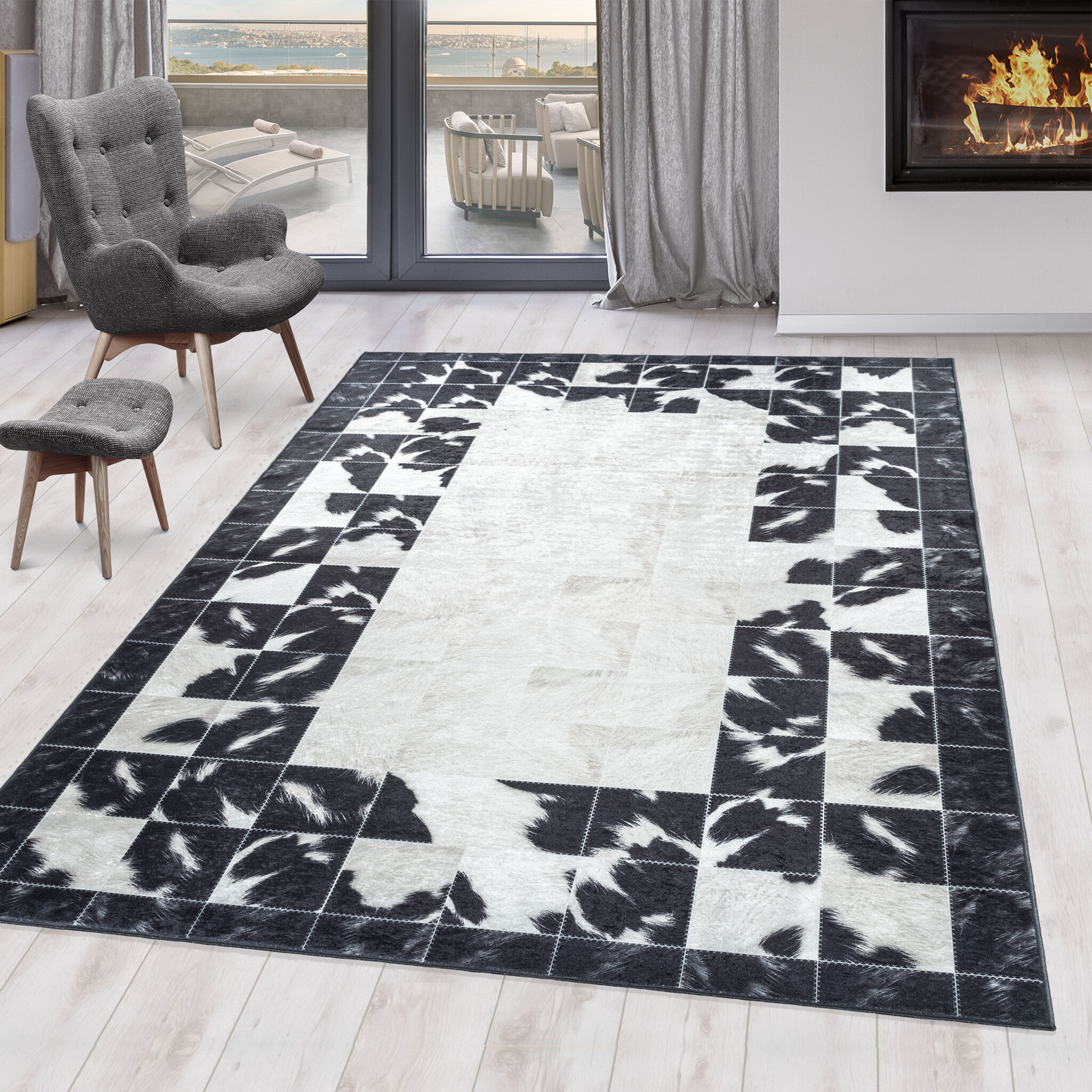 Fiesta Wasbaar Vloerkleed - Laagpolig - Zwart Wit - Woonkamer Tapijt - Canvas Rug