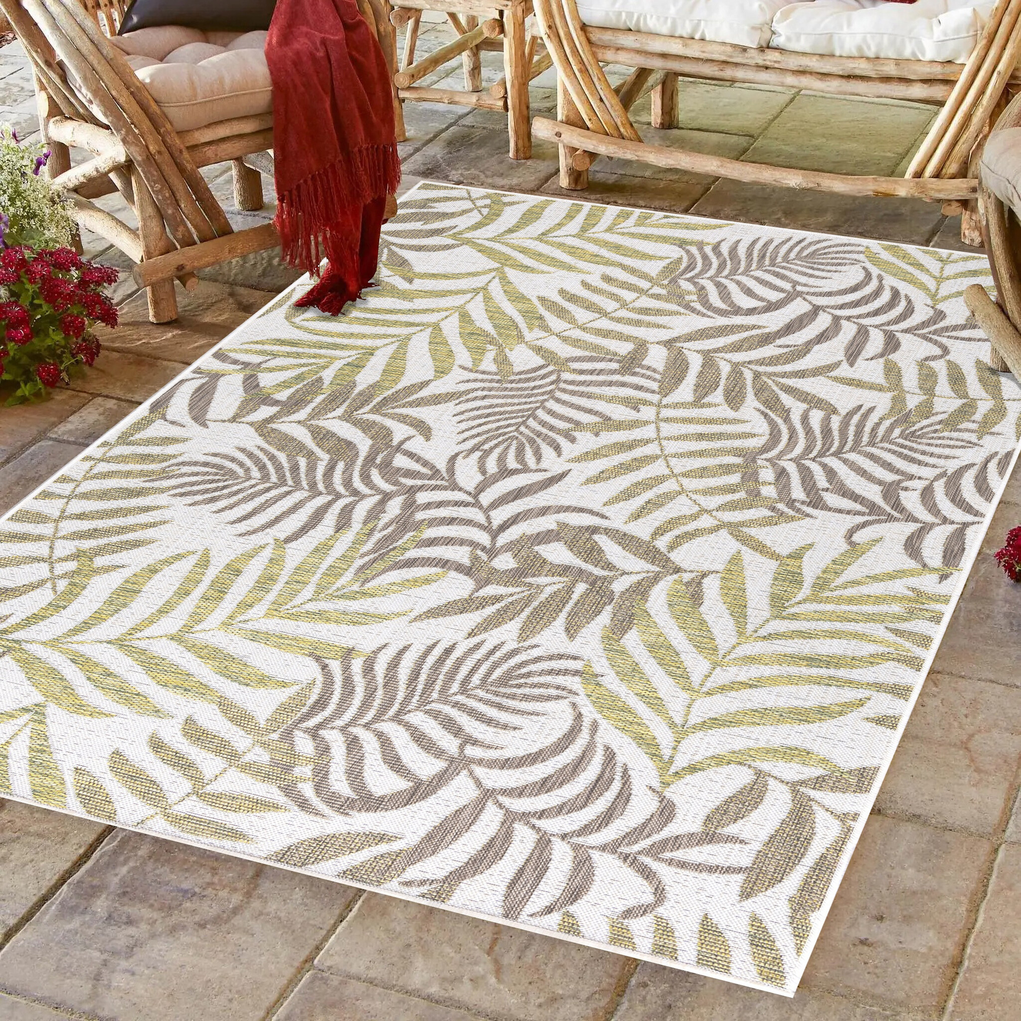 Sunny Outdoor - Tuin Buitenkleed - Palm Design - Beige - Vloerkleed voor Tuin Terras Balkon