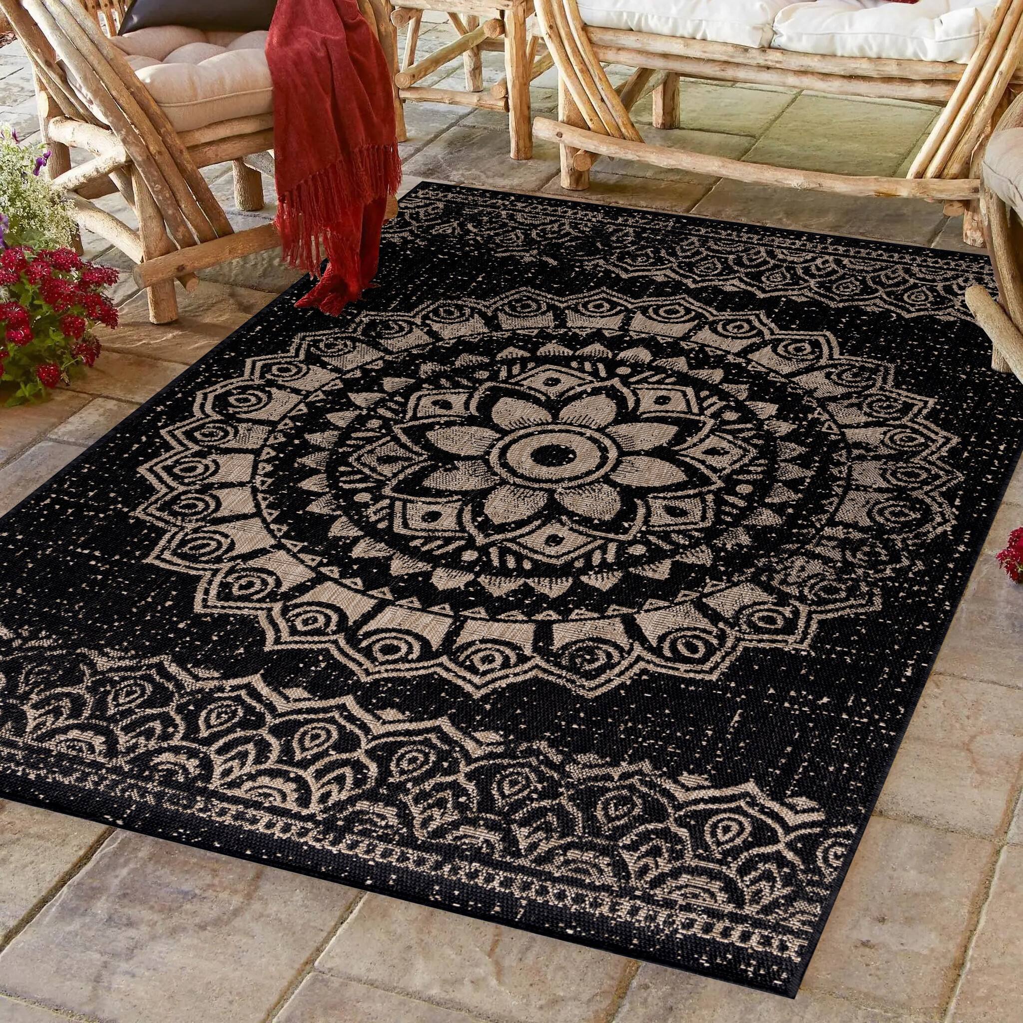 Sunny Outdoor - Tuin Buitenkleed - Vintage - Zwart Beige - Vloerkleed voor Tuin Terras Balkon