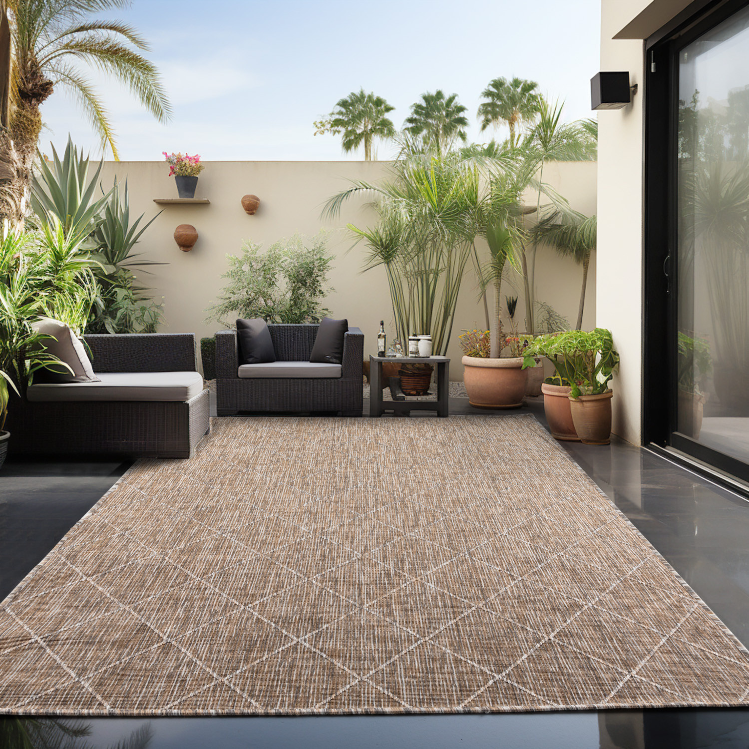 Skanda Home Buitenkleed - In & Outdoor - Geruit Design - Beige - Vloerkleed voor Tuin Terras Balkon