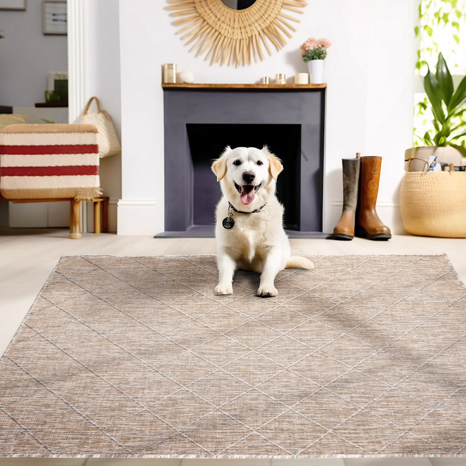 Skanda Home Buitenkleed - In & Outdoor - Geruit Design - Beige - Vloerkleed voor Tuin Terras Balkon
