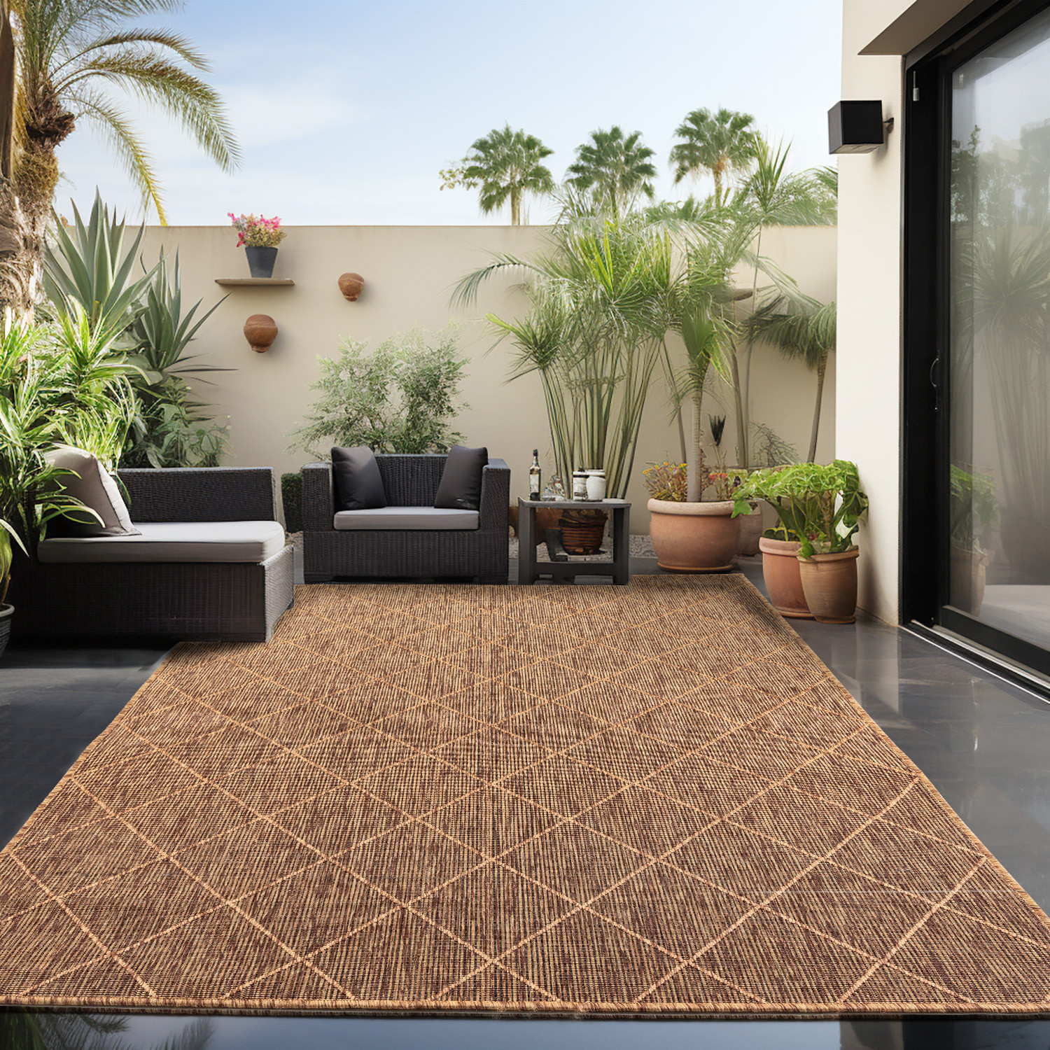 Skanda Home Buitenkleed - In & Outdoor - Geruit Design - Terra - Vloerkleed voor Tuin Terras Balkon