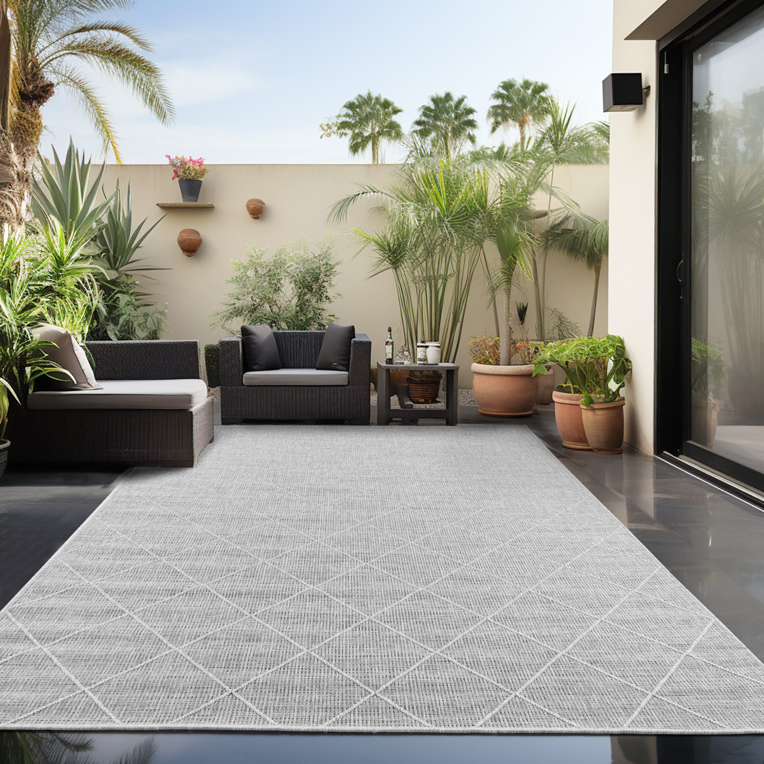 Skanda Home Buitenkleed - In & Outdoor - Geruit Design - Grijs - Vloerkleed voor Tuin Terras Balkon