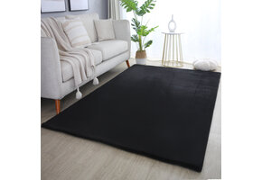 Pouffy Fluffy  - Hoogpolig Vloerkleed - Uni Kleur -Zwart - Woonkamer Tapijt - Katoenen Rug