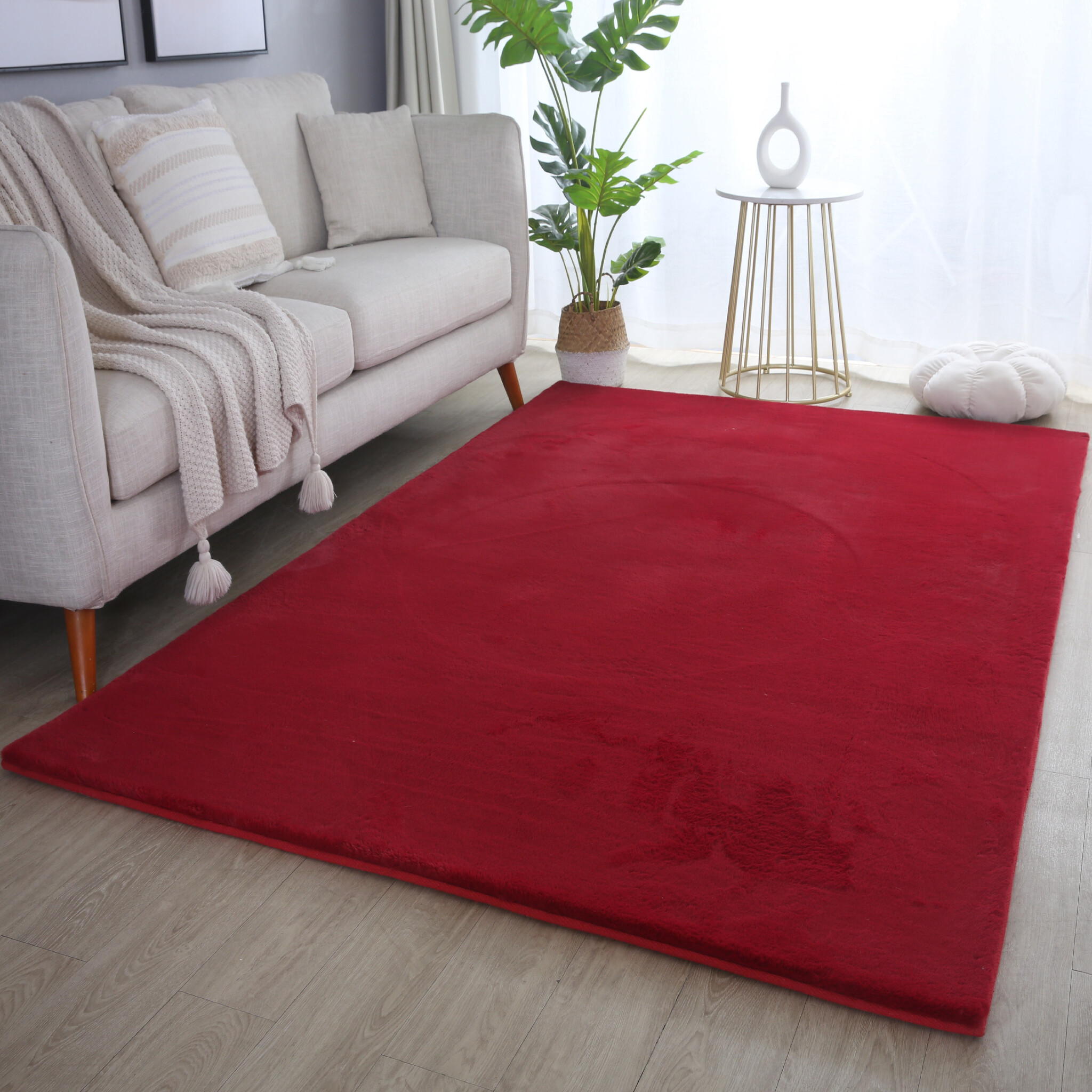 Pouffy Fluffy - Hoogpolig Vloerkleed - Uni Kleur - Rood - Woonkamer Tapijt - Katoenen Rug