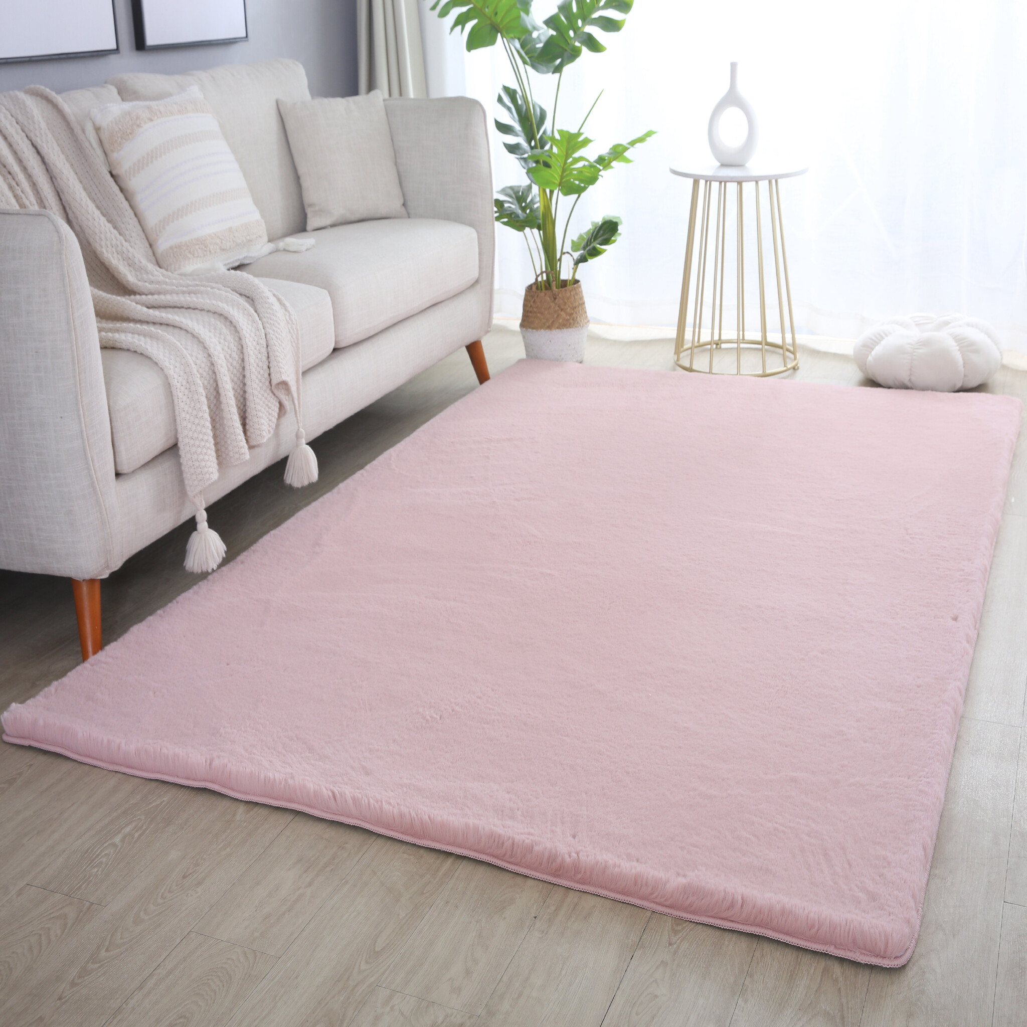 Pouffy Fluffy - Hoogpolig Vloerkleed - Uni Kleur - Roze - Woonkamer Tapijt - Katoenen Rug