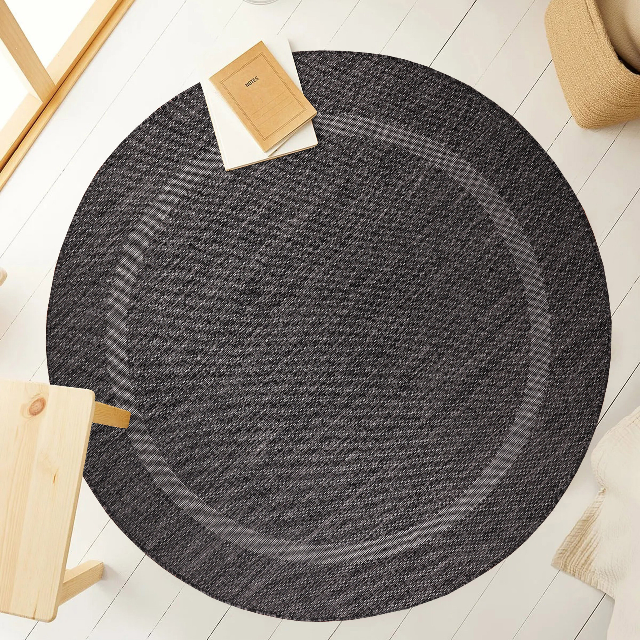 Relax Uni Tuin - Rond Buitenkleed - Indoor & Outdoor - Laagpolig Effen - Zwart
