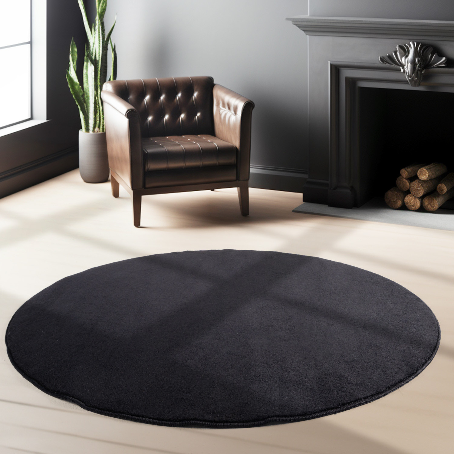 Sky Soft Uni Basic - Rond Vloerkleed - Laagpolig - Effen Kleur - Zwart - Woonkamer Tapijt - Anti-Slip Rug