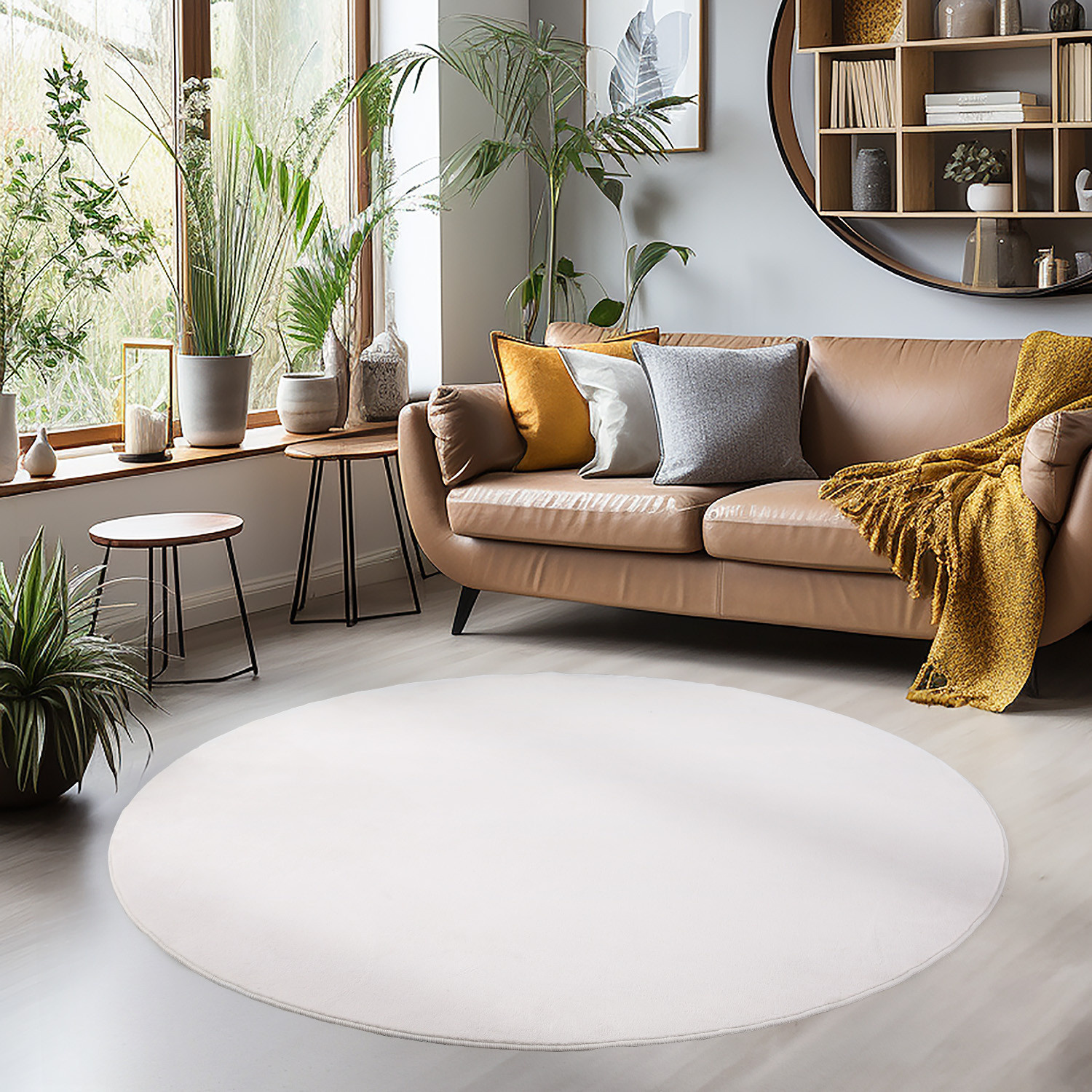 Sky Soft Uni Basic - Rond Vloerkleed - Laagpolig - Effen Kleur - Creme - Woonkamer Tapijt - Anti-Slip Rug