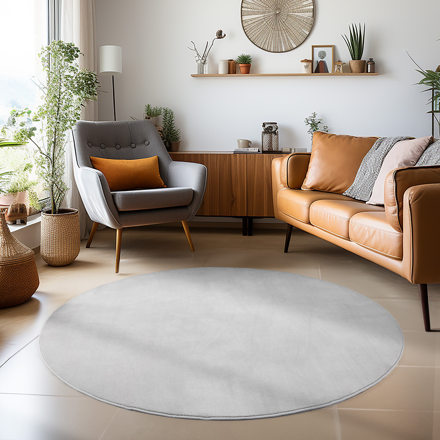 Sky Soft Uni Basic - Rond Vloerkleed - Laagpolig - Effen Kleur - Zilver - Woonkamer Tapijt - Anti-Slip Rug