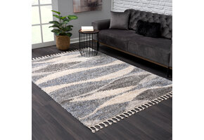 Versay Hoogpolig Vloerkleed - Golvend Design - Grijs/Beige - Franjes