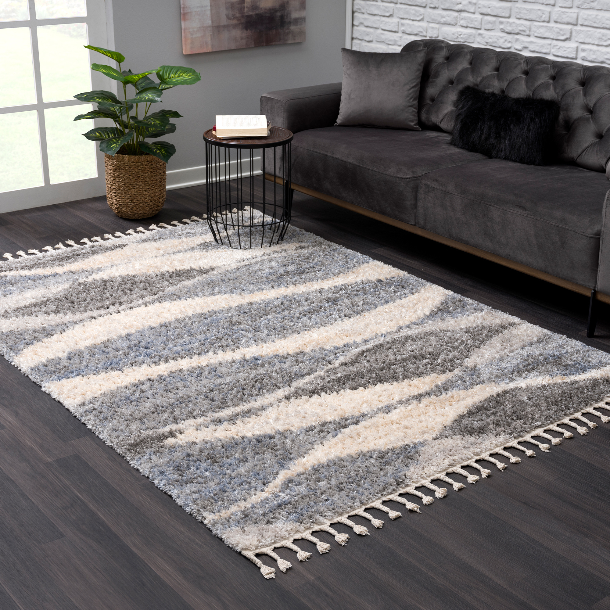 Versay Hoogpolig Vloerkleed - Golvend Design - Grijs/Beige - Franjes