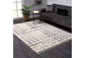Versay Hoogpolig Vloerkleed - Geruit Design - Creme/Grijs - Franjes