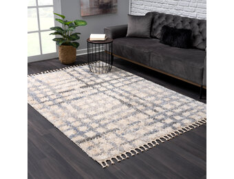 Versay Hoogpolig Vloerkleed - Geruit Design - Creme/Grijs - Franjes