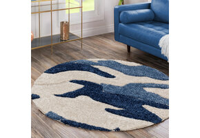 Luxus Shaggy Plus Hoogpolig Vloerkleed - Abstract Design - Rond - Blauw/Creme - Modern en Zacht Tapijt
