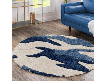 Luxus Shaggy Plus Hoogpolig Vloerkleed - Abstract Design - Rond - Blauw/Creme - Modern en Zacht Tapijt