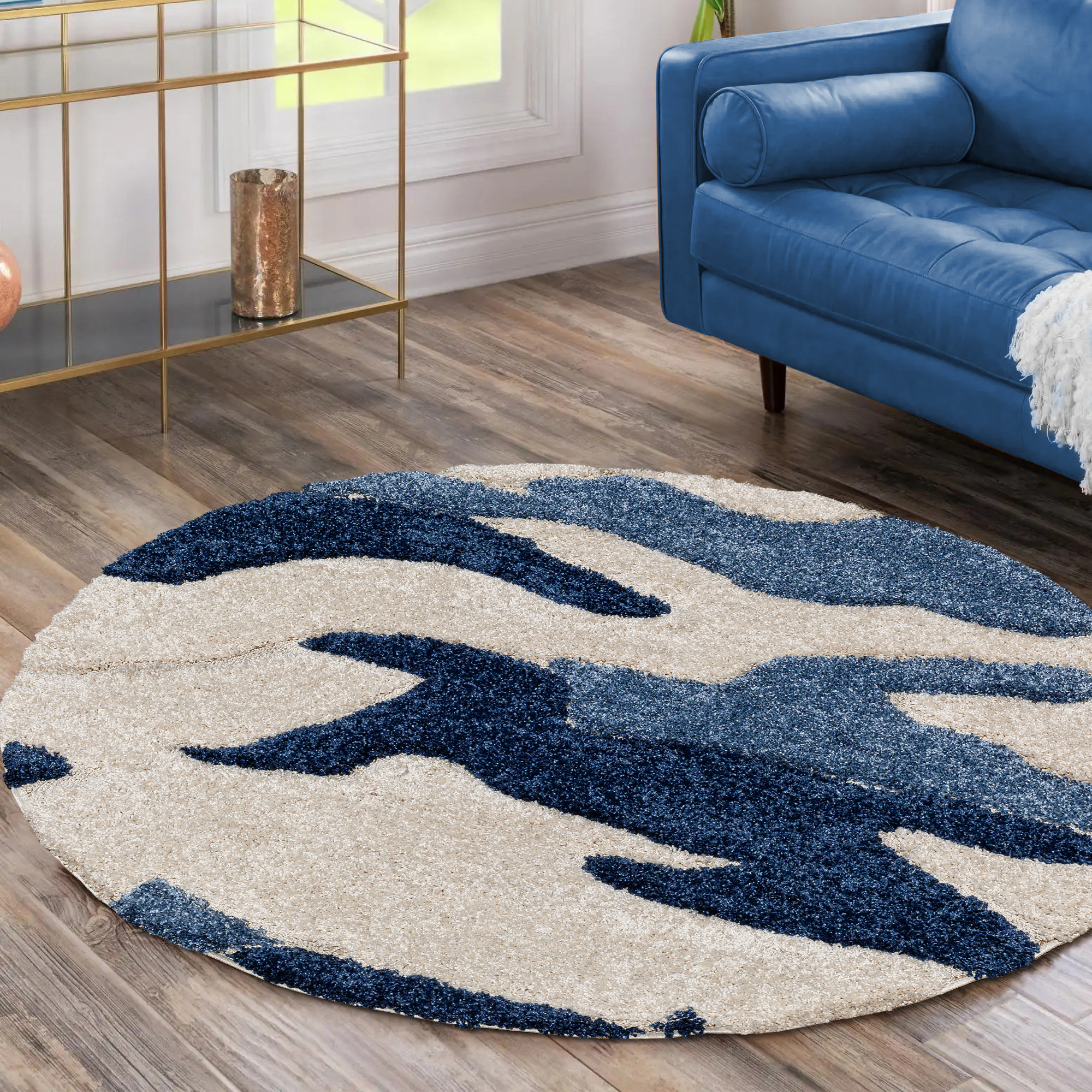 Luxus Shaggy Plus Hoogpolig Vloerkleed - Abstract Design - Rond - Blauw/Creme - Modern en Zacht Tapijt