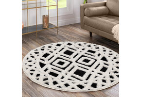 Luxus Shaggy Plus Hoogpolig Vloerkleed - Hoog Laag Design - Creme/Zwart - Rond - Zacht en Luxe Tapijt