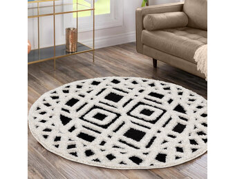 Luxus Shaggy Plus Hoogpolig Vloerkleed - Hoog Laag Design - Creme/Zwart - Rond - Zacht en Luxe Tapijt