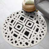 Luxus Shaggy Plus Hoogpolig Vloerkleed - Hoog Laag Design - Creme/Zwart - Rond - Zacht en Luxe Tapijt