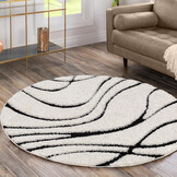 Luxus Shaggy Plus Hoogpolig Vloerkleed - Skandi Design - Creme/Zwart - Rond - Zacht en Luxe Tapijt