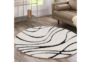 Luxus Shaggy Plus Hoogpolig Vloerkleed - Skandi Design - Creme/Zwart - Rond - Zacht en Luxe Tapijt
