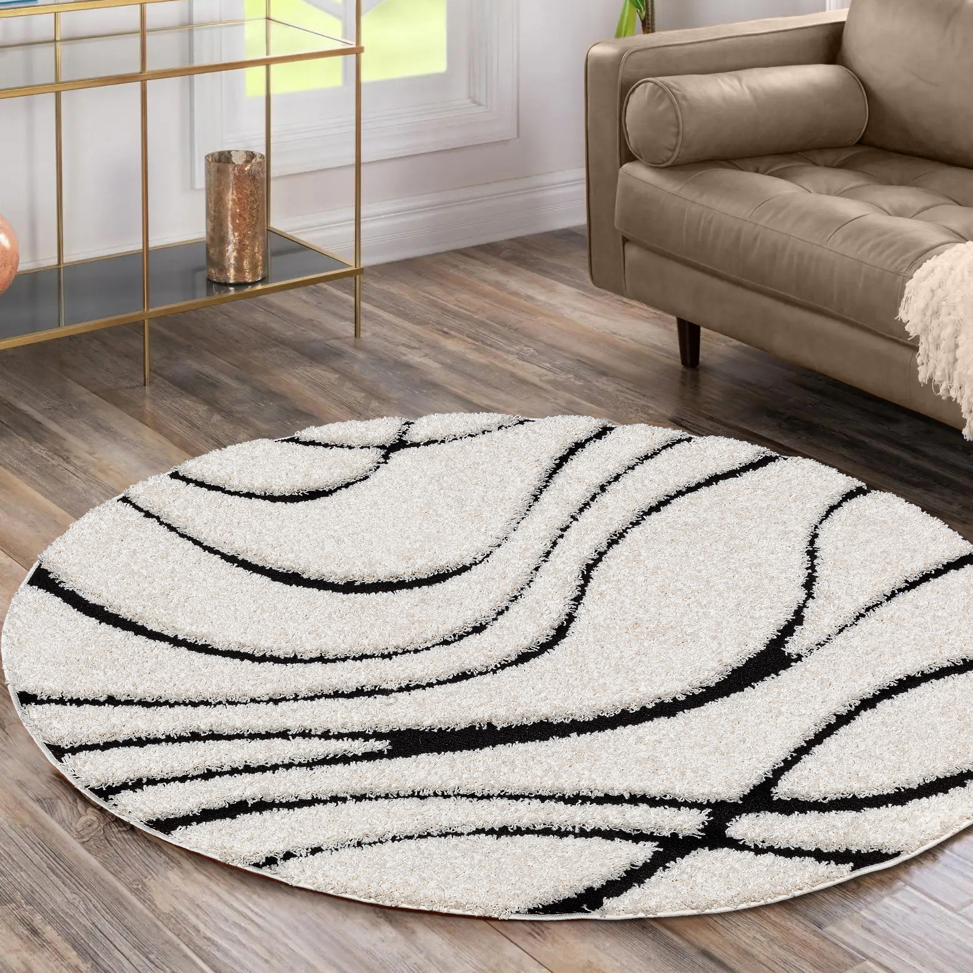 Luxus Shaggy Plus Hoogpolig Vloerkleed - Skandi Design - Creme/Zwart - Rond - Zacht en Luxe Tapijt