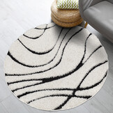 Luxus Shaggy Plus Hoogpolig Vloerkleed - Skandi Design - Creme/Zwart - Rond - Zacht en Luxe Tapijt