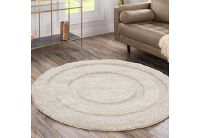 Luxus Shaggy Plus Hoogpolig Vloerkleed - Modern Geometrisch Design - Uni Effen Creme - Rond - Zacht en Luxe Tapijt