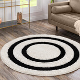 Luxus Shaggy Plus Hoogpolig Vloerkleed - Modern Geometrisch Design - Creme/Zwart - Rond - Zacht en Luxe Tapijt