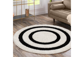 Luxus Shaggy Plus Hoogpolig Vloerkleed - Modern Geometrisch Design - Creme/Zwart - Rond - Zacht en Luxe Tapijt