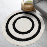 Luxus Shaggy Plus Hoogpolig Vloerkleed - Modern Geometrisch Design - Creme/Zwart - Rond - Zacht en Luxe Tapijt