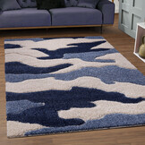 Luxus Shaggy Plus Hoogpolig Vloerkleed - Abstract Design - Rechthoekig - Blauw/Creme - Modern en Zacht Tapijt