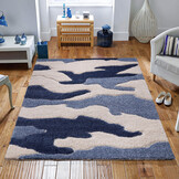 Luxus Shaggy Plus Hoogpolig Vloerkleed - Abstract Design - Rechthoekig - Blauw/Creme - Modern en Zacht Tapijt