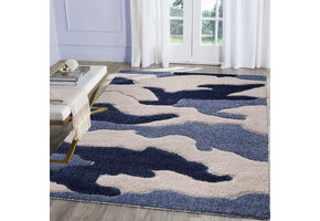 Luxus Shaggy Plus Hoogpolig Vloerkleed - Abstract Design - Rechthoekig - Blauw/Creme - Modern en Zacht Tapijt