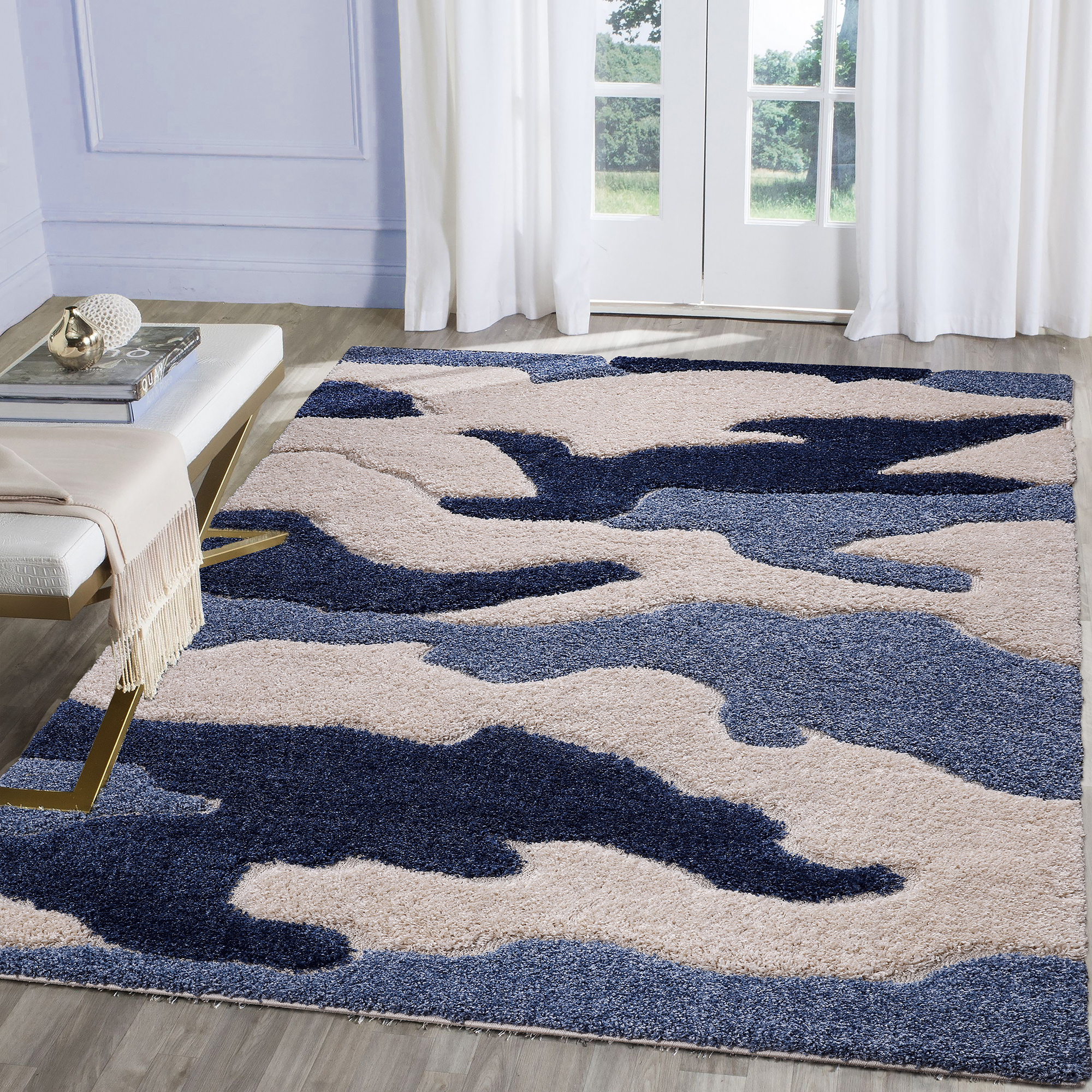 Luxus Shaggy Plus Hoogpolig Vloerkleed - Abstract Design - Rechthoekig - Blauw/Creme - Modern en Zacht Tapijt