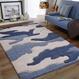 Luxus Shaggy Plus Hoogpolig Vloerkleed - Abstract Design - Rechthoekig - Blauw/Creme - Modern en Zacht Tapijt