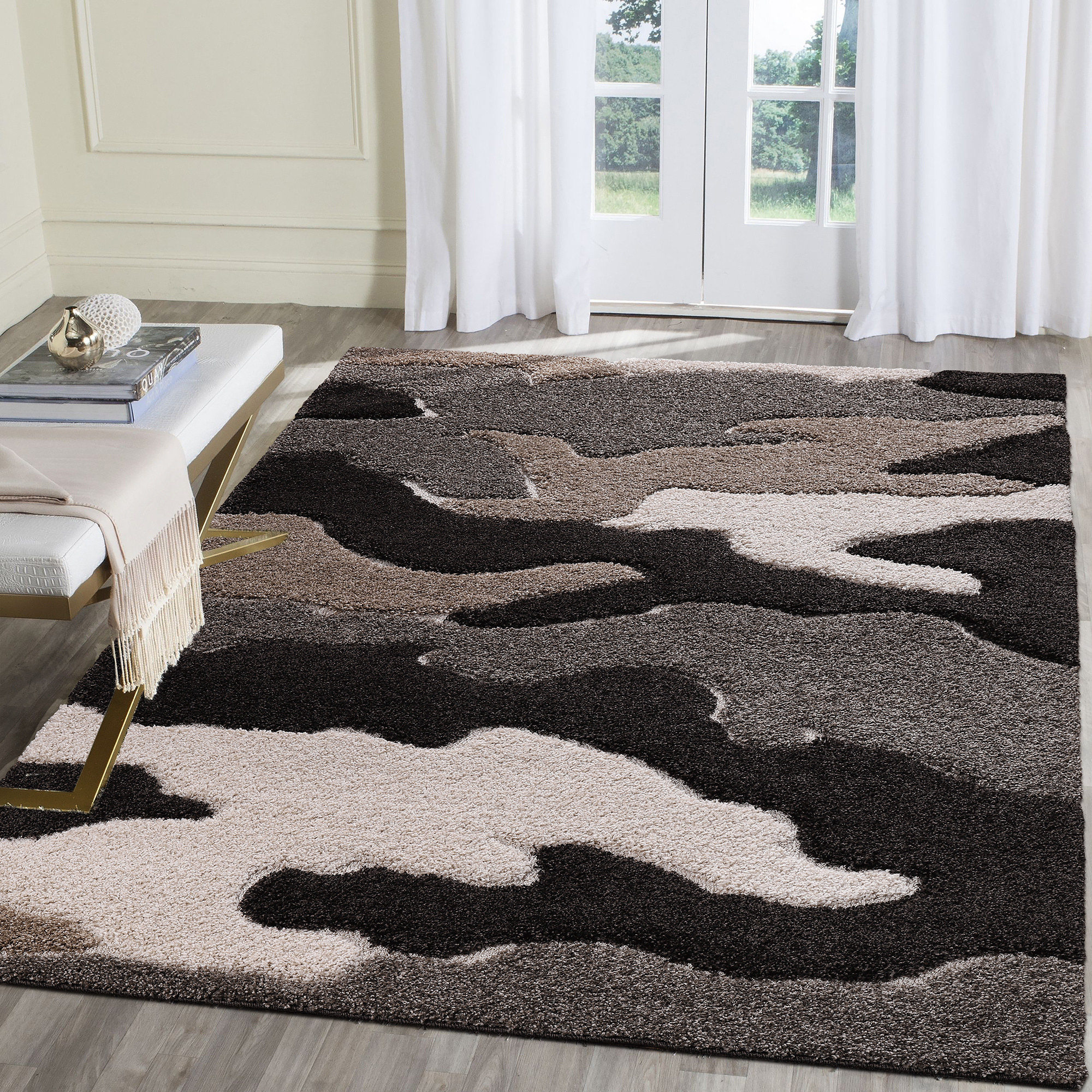 Luxus Shaggy Plus Hoogpolig Vloerkleed - Abstract Design - Rechthoekig - Bruin/Beige - Modern en Zacht Tapijt