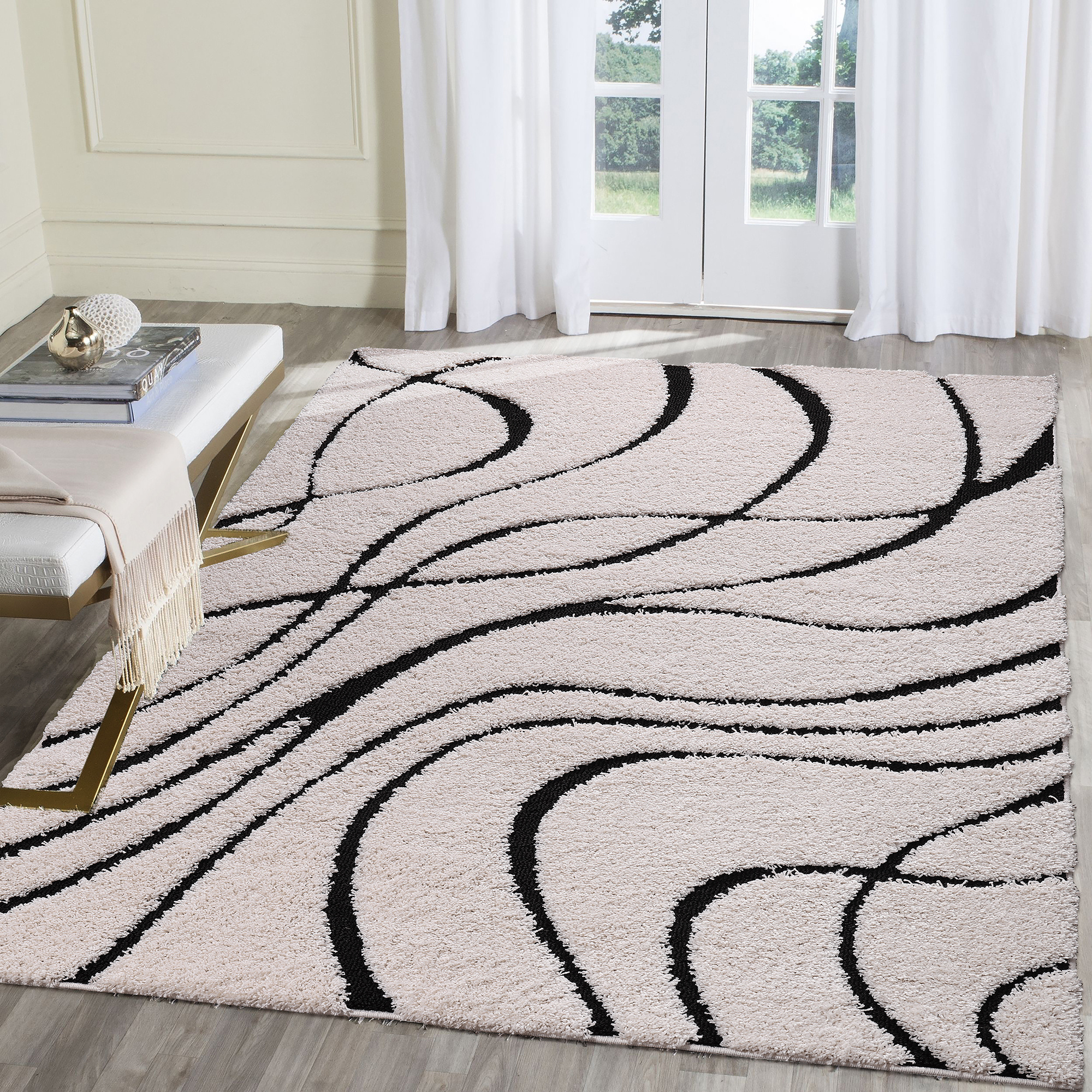 Luxus Shaggy Plus Hoogpolig Vloerkleed - Skandi Design - Creme/Zwart - Rechthoekig - Zacht en Luxe Tapijt