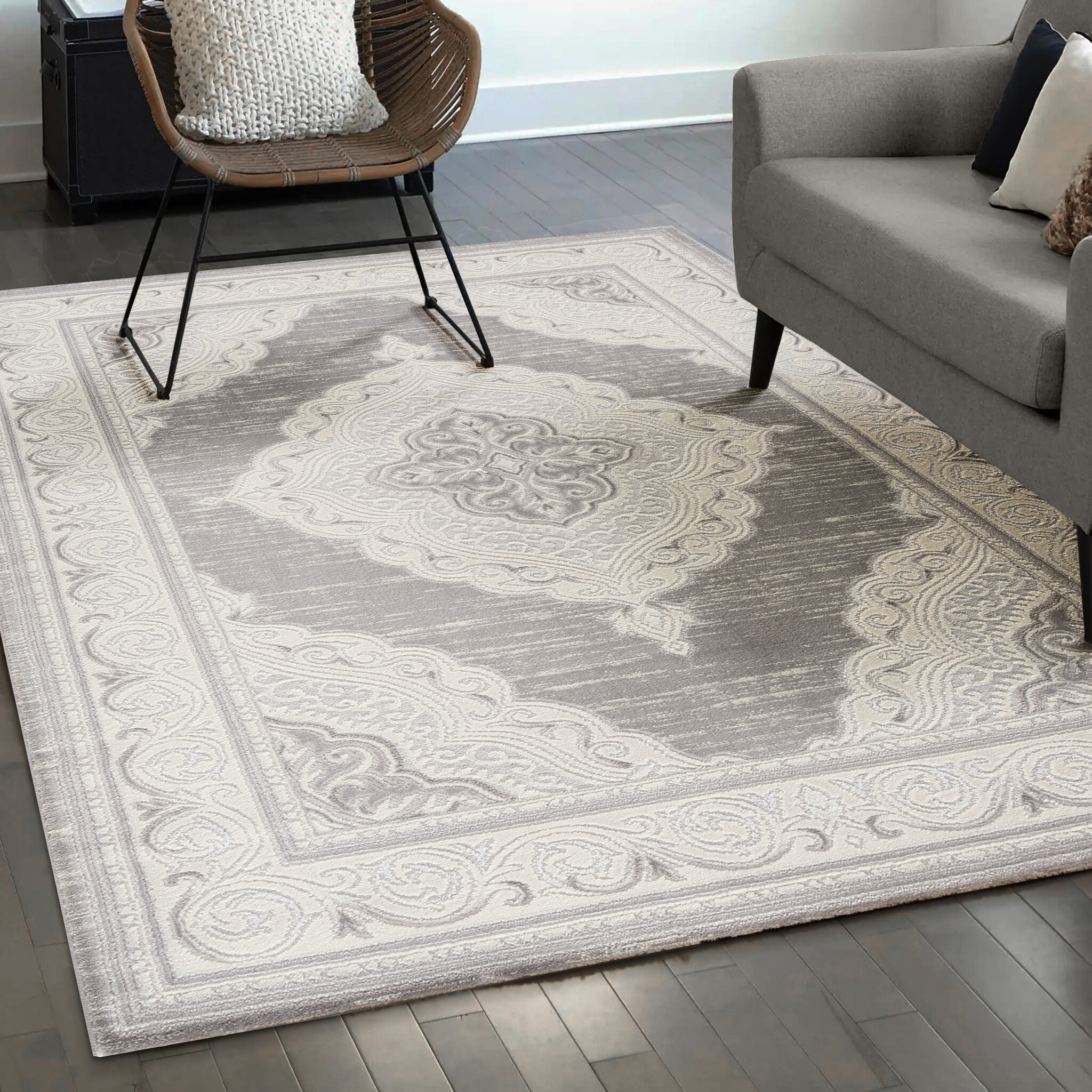 Harmony Vloerkleed - Rechthoekig - Klassieke Orient Look - Laagpolig - Lichtgrijs